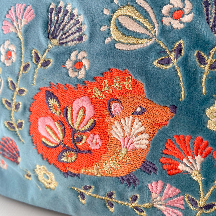 Hedgehog Folk Art Velvet Embroided Make-up / Wash Bag